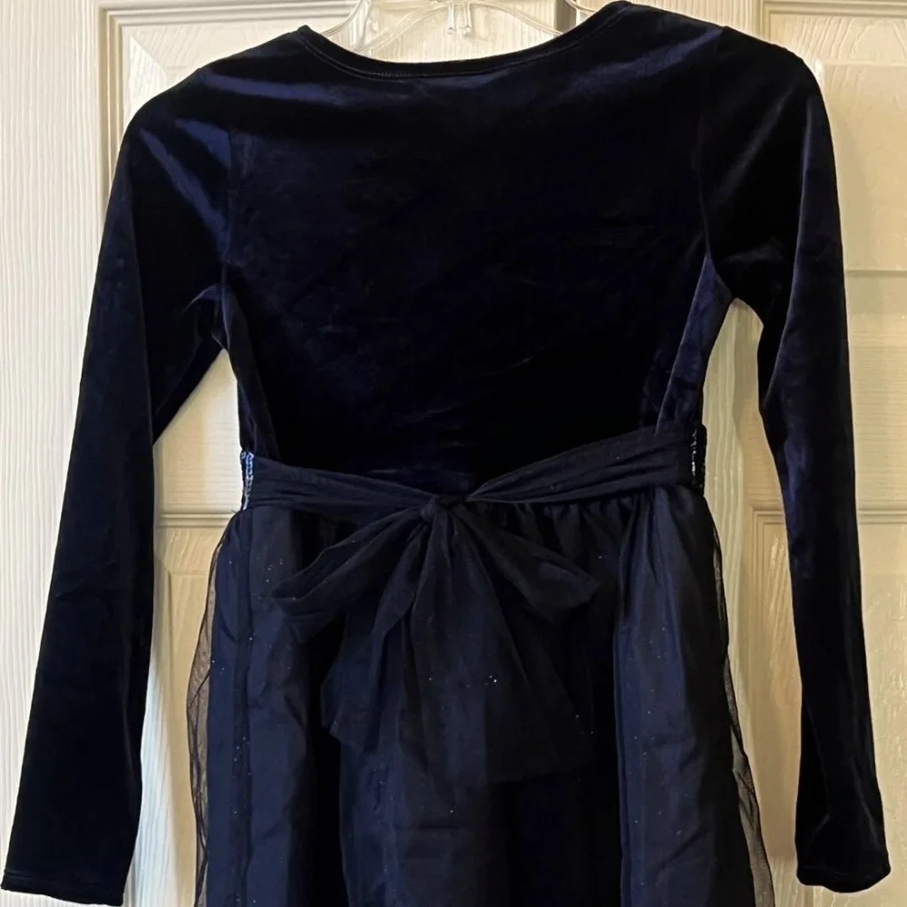 Childrens Place Girl Holiday Formal Wedding Dressy Blue Velveteen Tule Dress